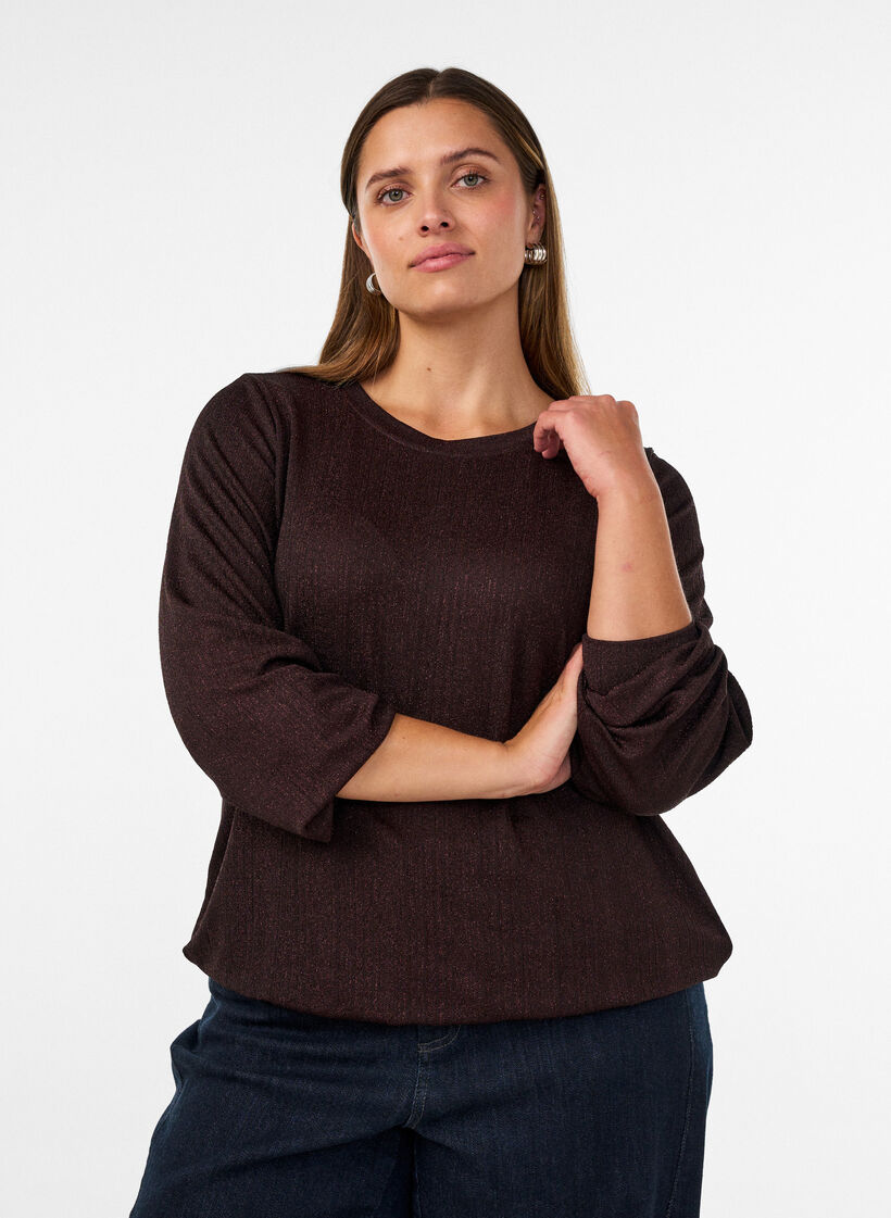Blouse avec texture verticale et fils scintillants, Marron, Model image number 0