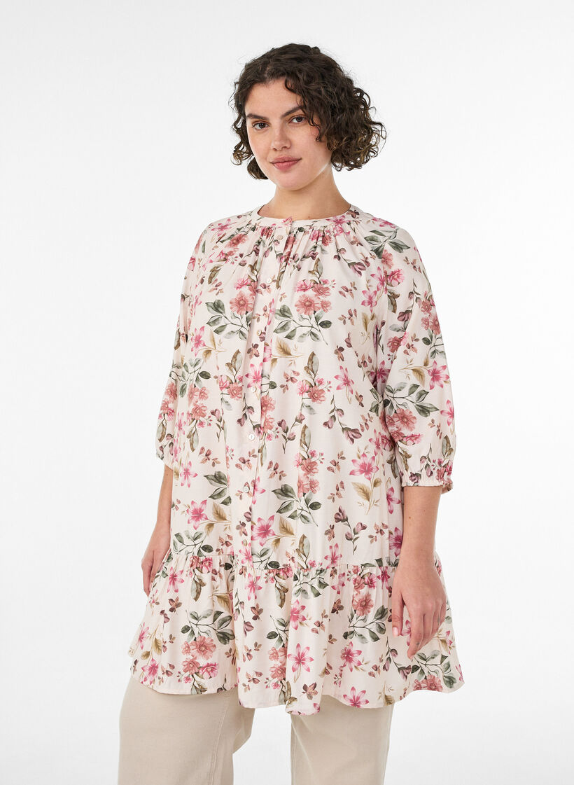 Tunique coupe &eacute;vas&eacute;e en viscose avec manches 3/4, Vanille, Model image number 0