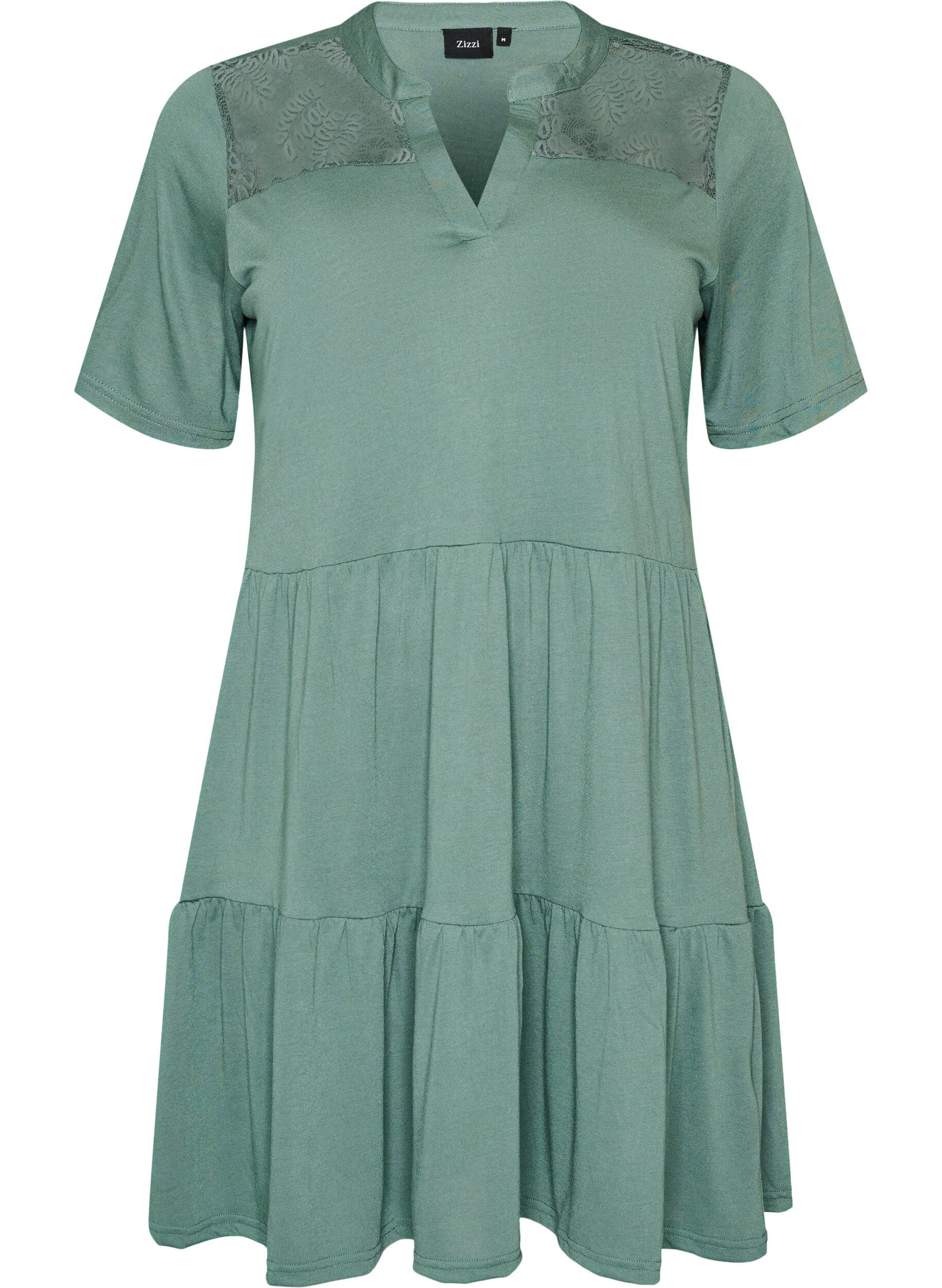 ZizziRobe en jersey avec d&eacute;tails en dentelle et jupe superpos&eacute;e, Vert, Packshot image number 0