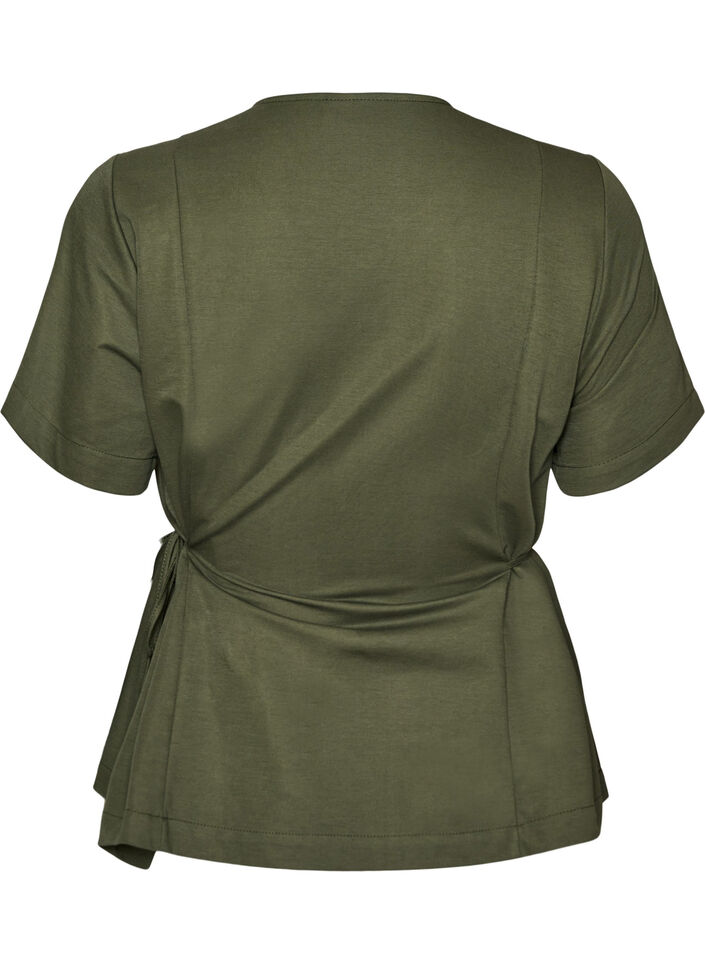 Blouse en m&eacute;lange de coton avec un col en V et un lien &agrave; nouer, Vert, Packshot image number 1