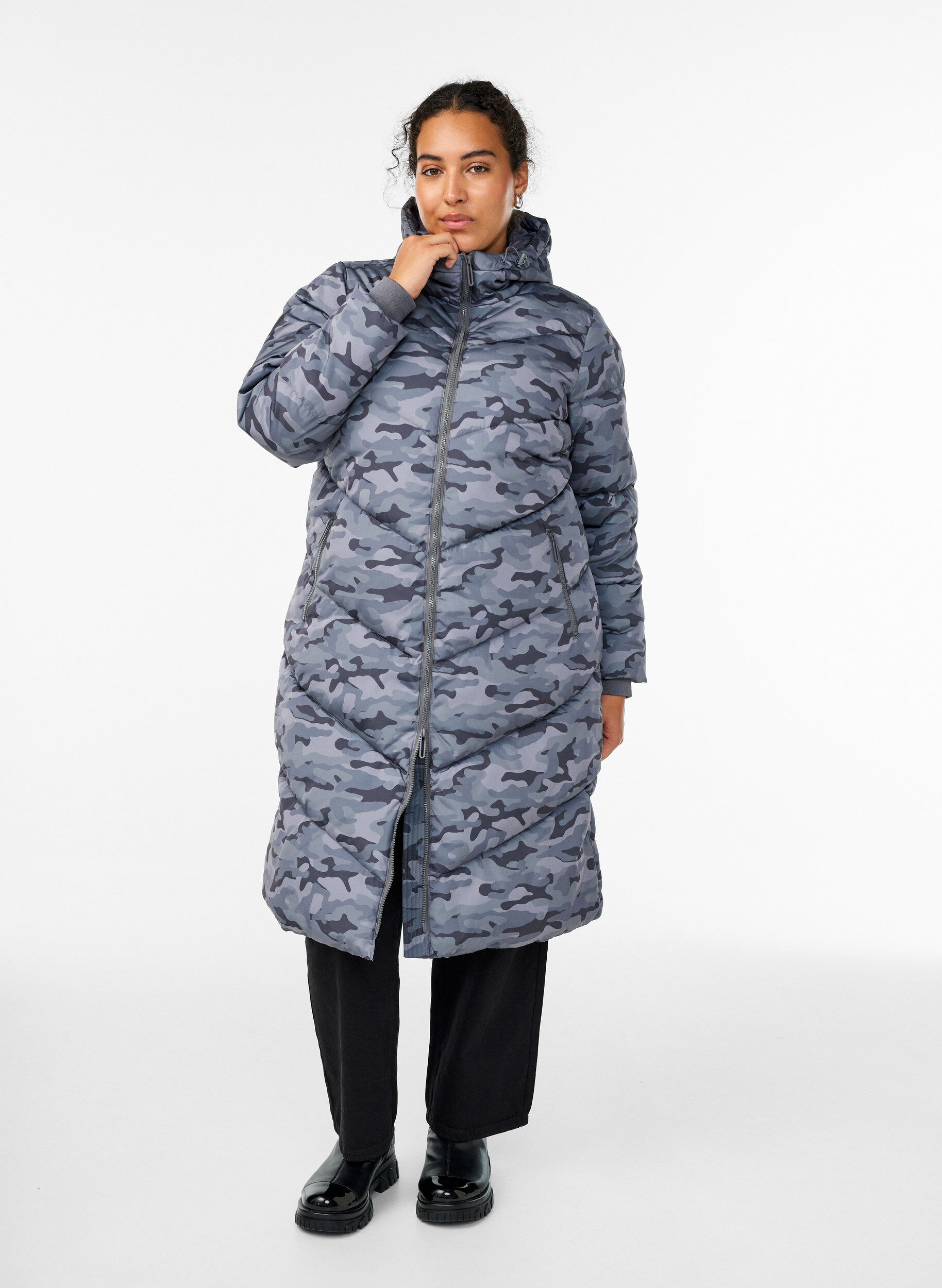 ZizziDoudoune longue camouflage, Gris anthracite, Model image number 0