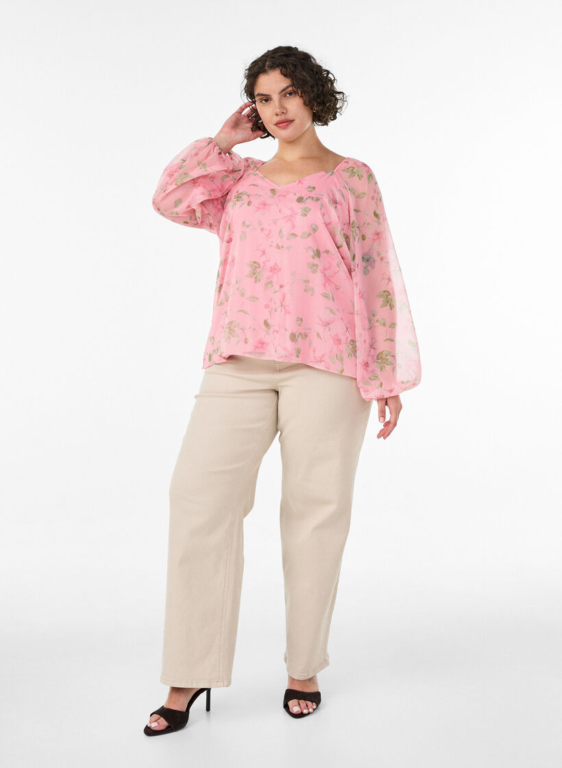 Chemisier en mousseline avec imprim&eacute; floral et manches longues, Rose, Model image number 1