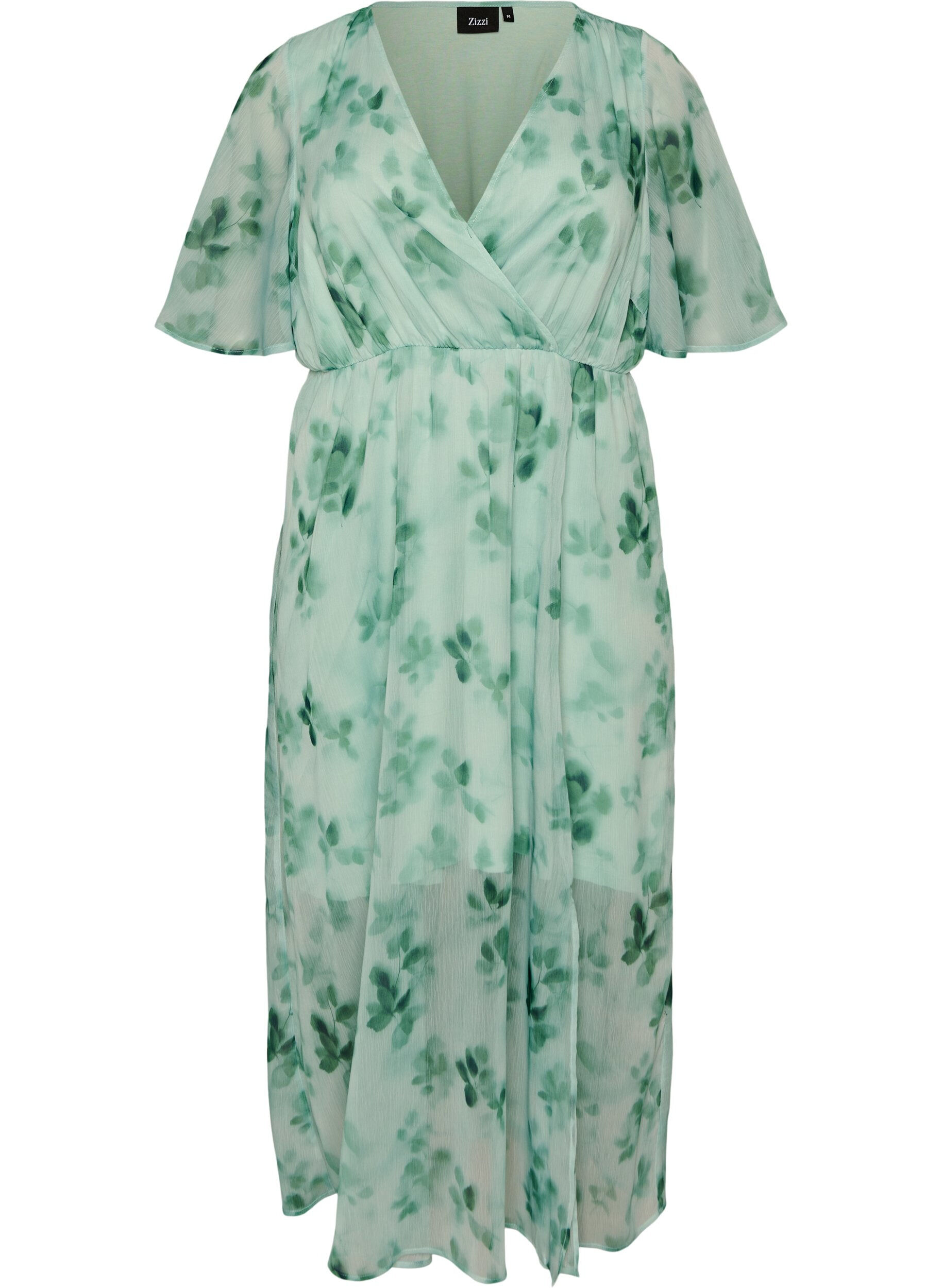 Robe longue en chiffon imprim&eacute; floral et manches courtes