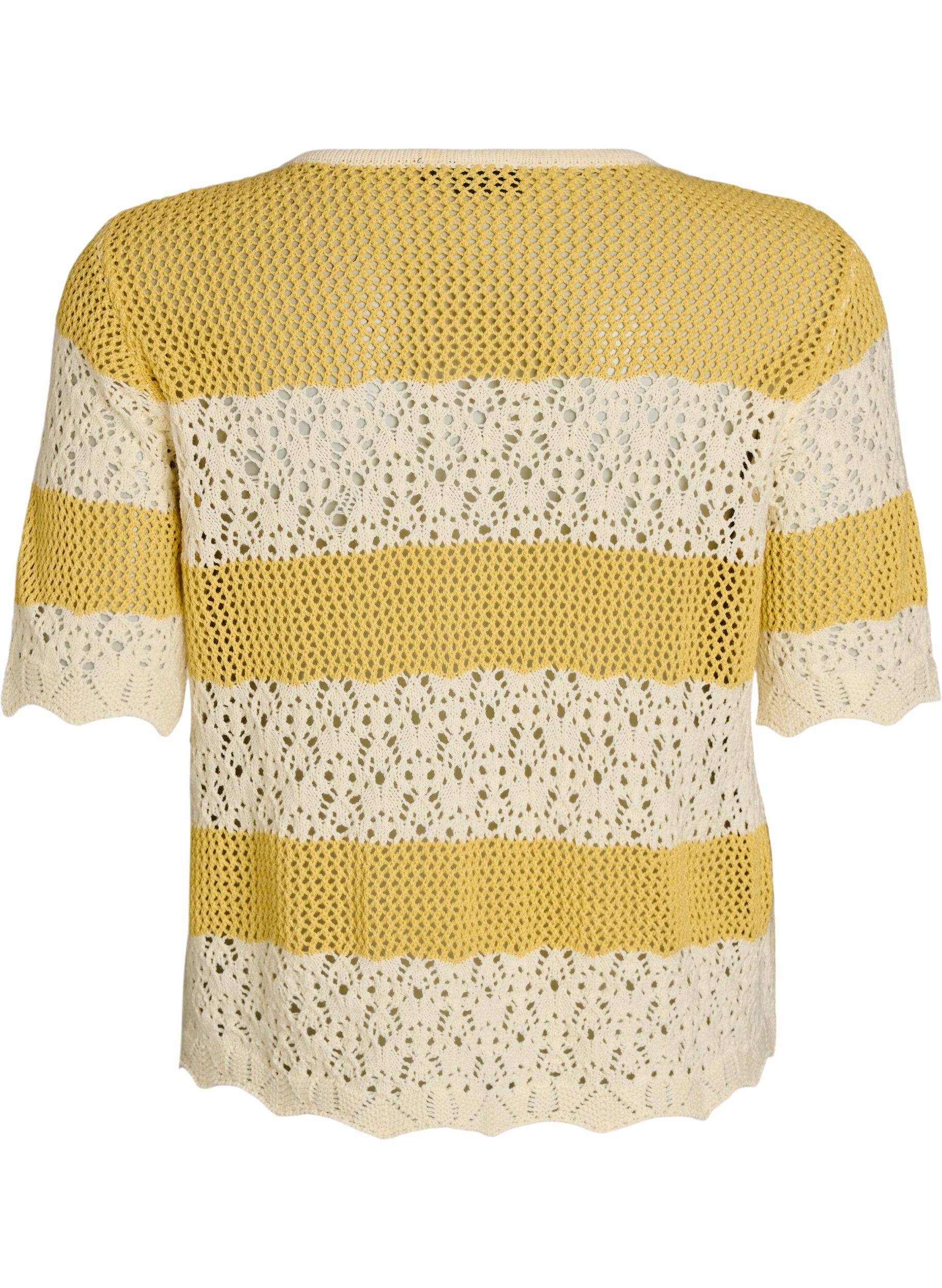 Zizzi Cardigan en maille avec broderie ajour&eacute;e et rayures, Jaune moutarde, Packshot image number 1
