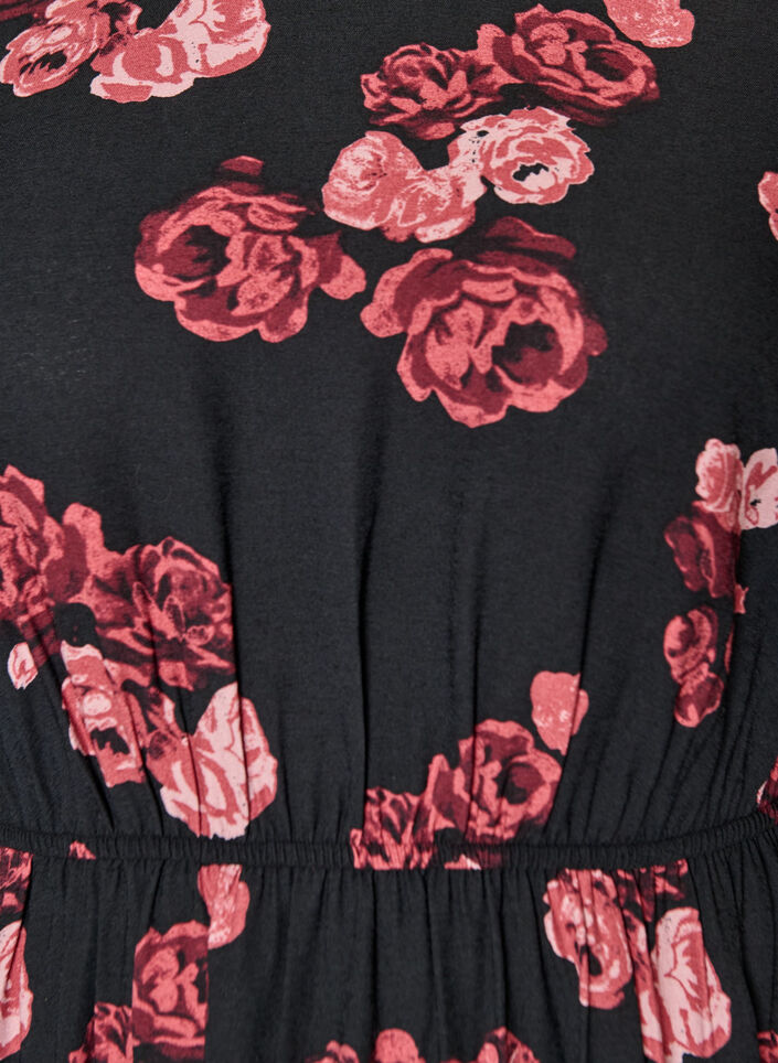 Robe midi &agrave; imprim&eacute; roses et manches courtes bouffantes, Noir, Packshot image number 2