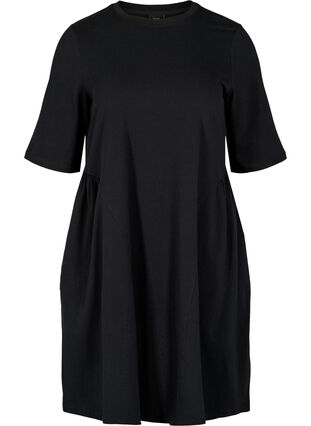 Robe en coton à manches courtes avec plis, Black, Packshot image number 0