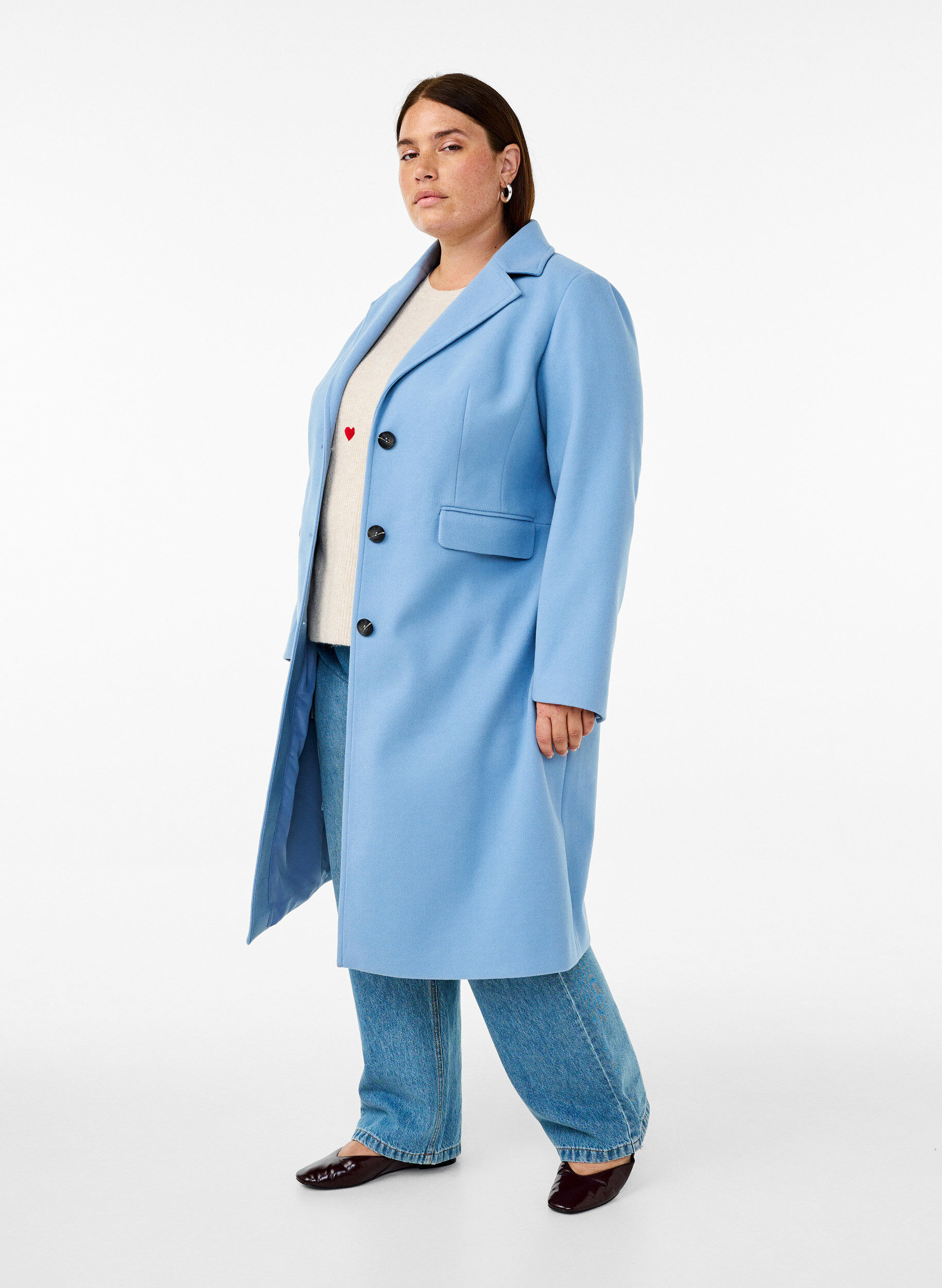 Zizzi Manteau long avec une fente au dos, Bleu Clair, Model image number 0