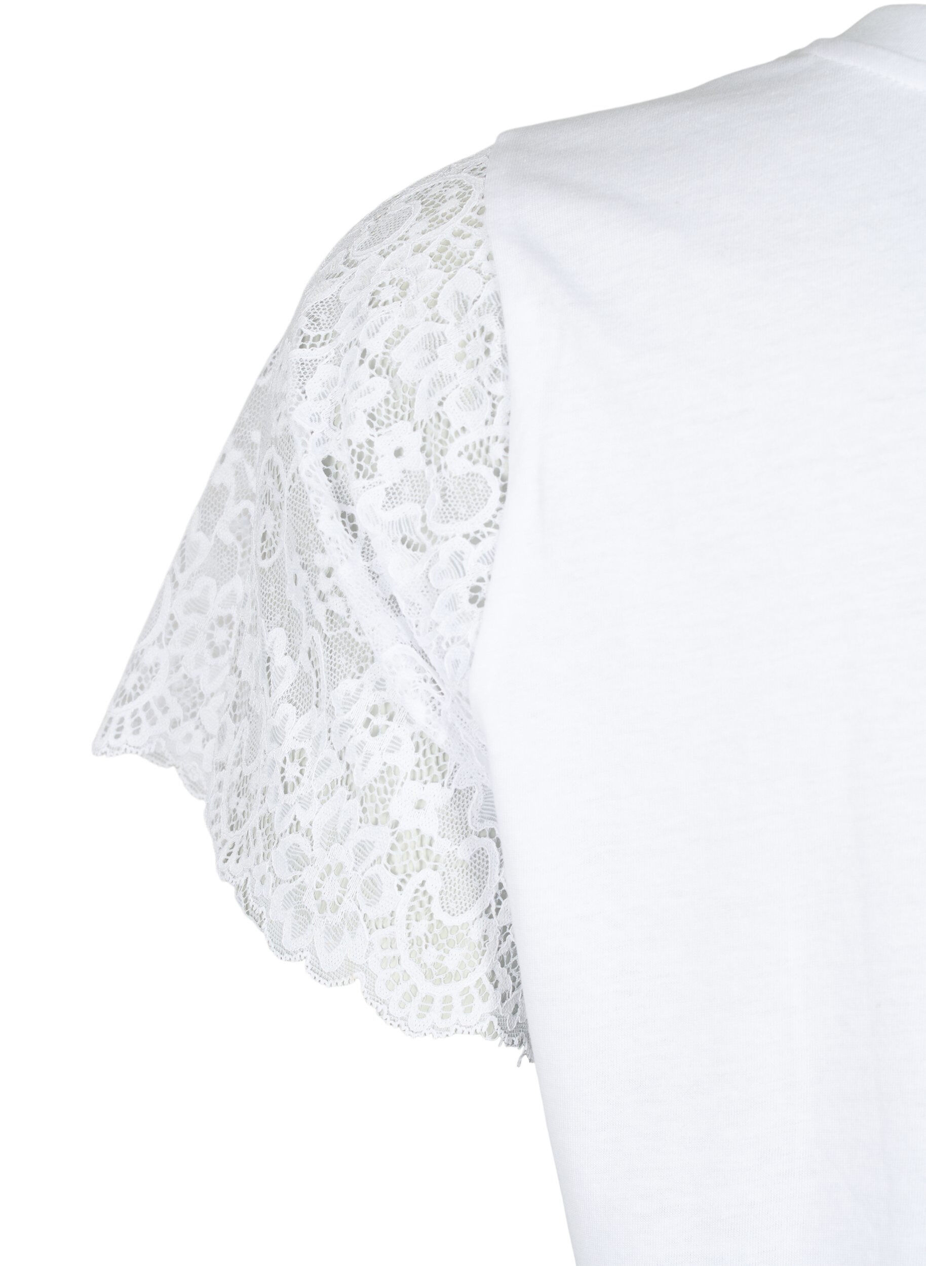 Zizzi T-shirt en coton avec manches courtes en dentelle, Blanc, Packshot image number 3