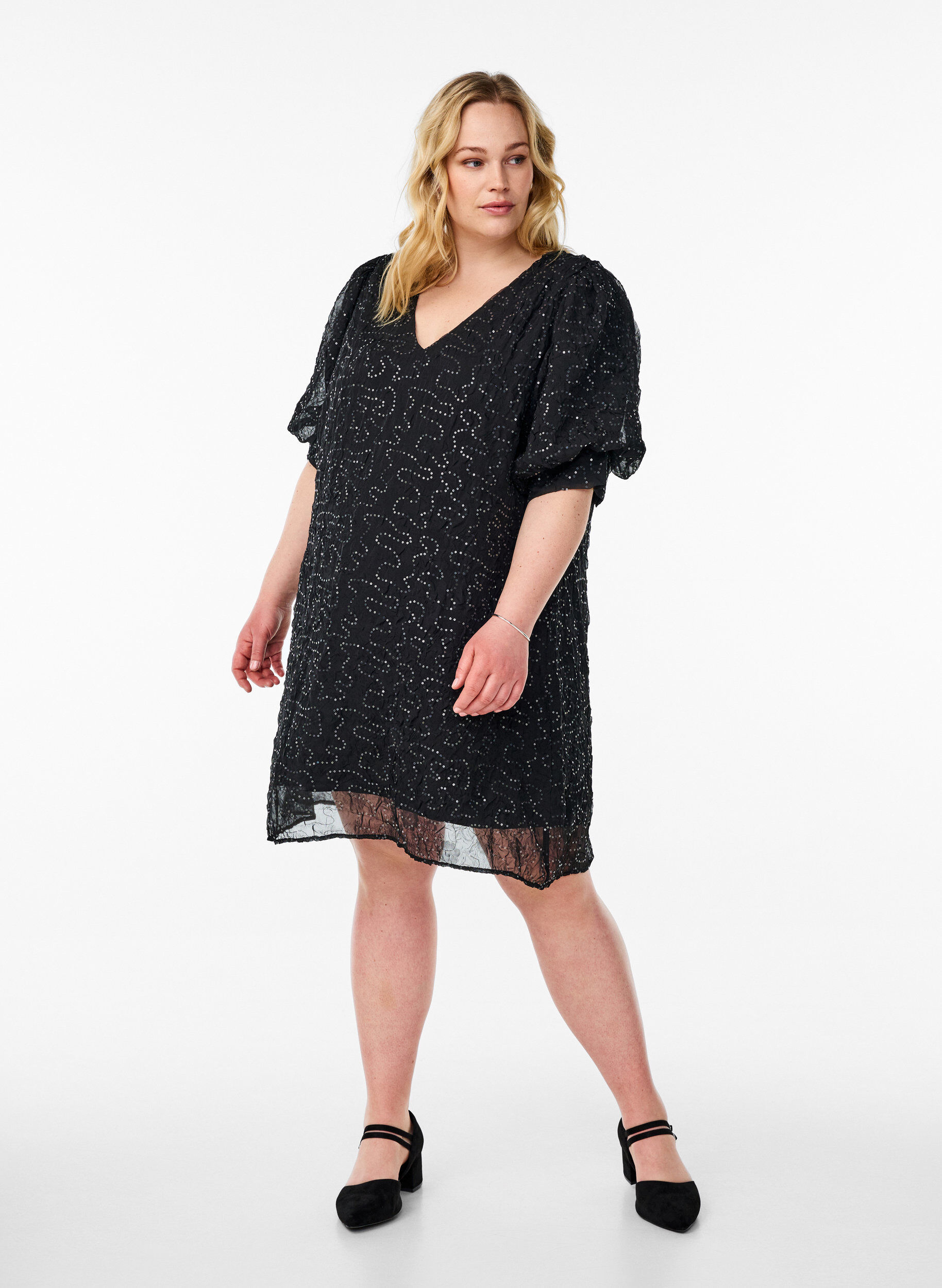 Zizzi Robe de soir&eacute;e courte &agrave; paillettes, Noir, Model image number 1