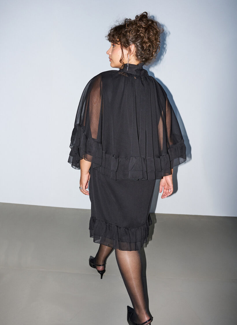 Robe sans manches avec cape en mousseline, Noir, Model image number 2