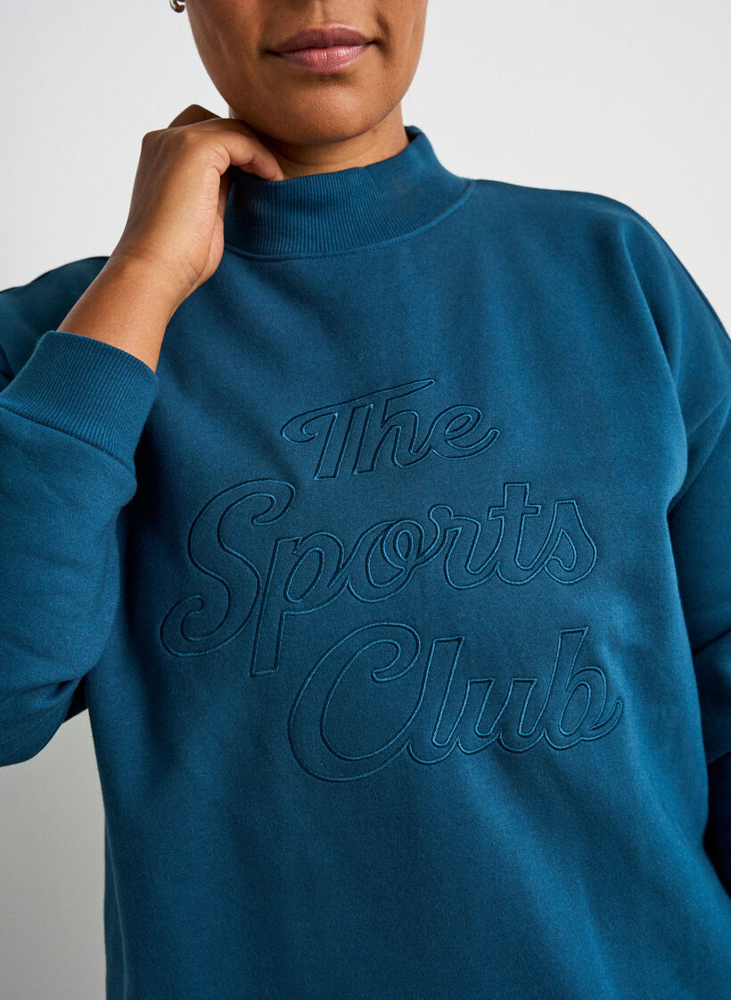 Sweat-shirt long &agrave; col montant et texte brod&eacute;, Bleu, Model image number 3
