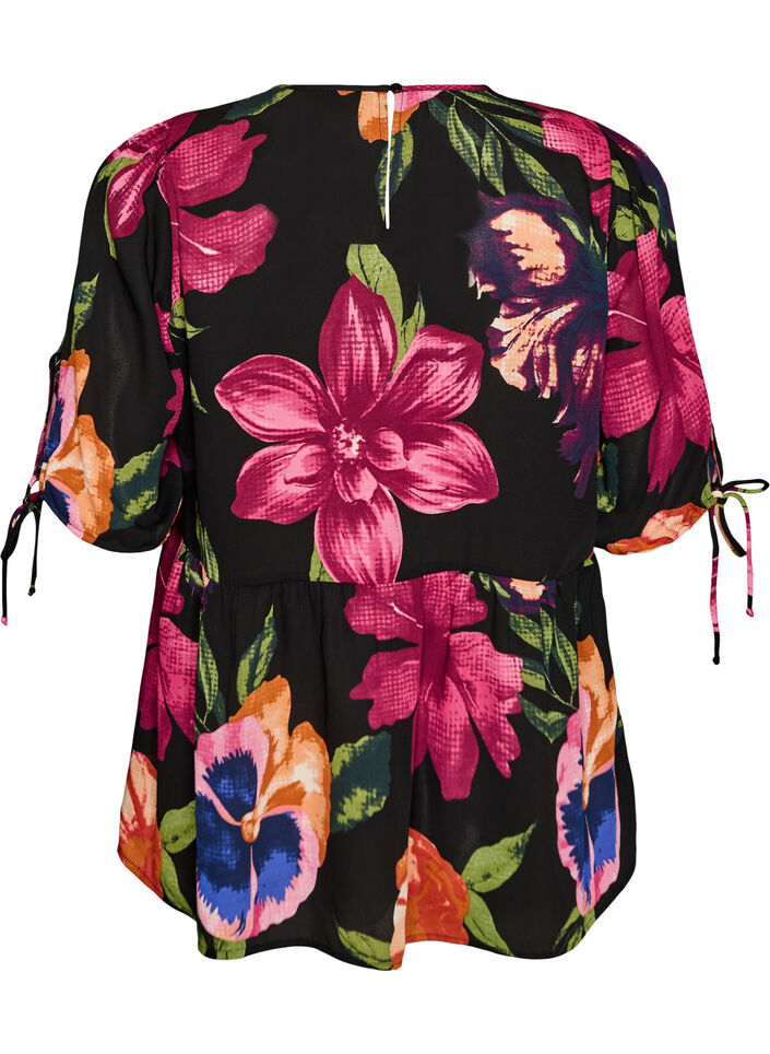 Blouse &agrave; imprim&eacute; floral et p&eacute;plum, Noir, Packshot image number 1