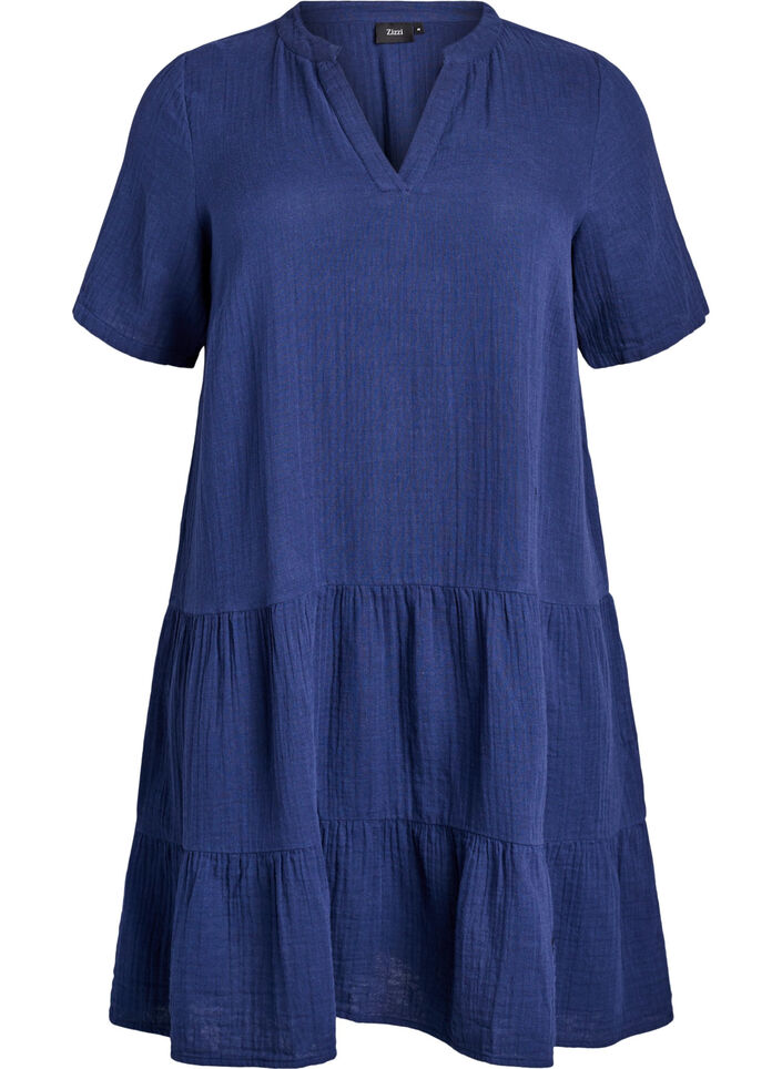 Robe courte &eacute;vas&eacute;e en mousseline de coton, Bleu, Packshot image number 0