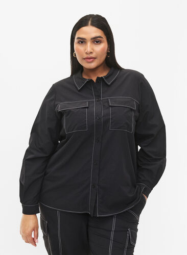 Chemise avec coutures contrastées, Black, Model image number 0