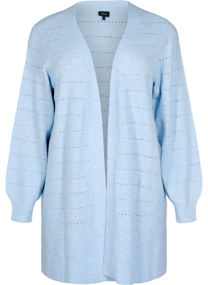 Cardigan long en tricot avec un motif en dentelle, Cashmere Blue Mel., Packshot image number 0