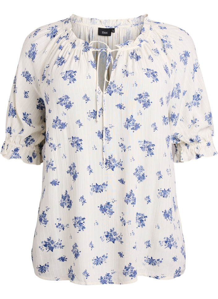 Blouse en viscose &agrave; fleurs avec manches mi-longues, Blanc, Packshot image number 0