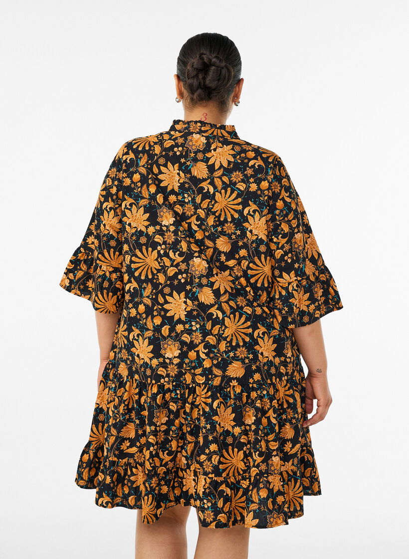 Robe florale en coton avec volants et coupe &eacute;vas&eacute;e ample, Orange, Model image number 2