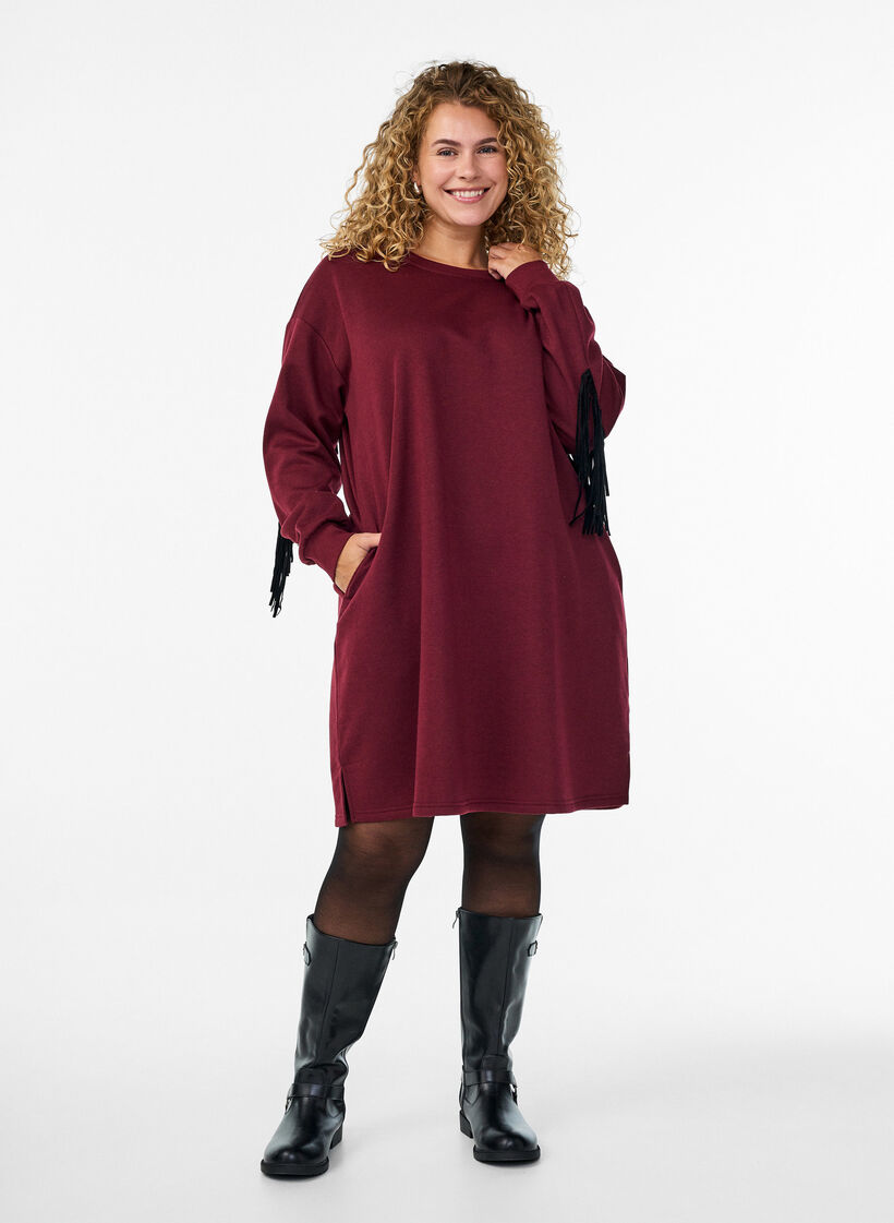 Robe sweat mi-longue avec franges, Bordeaux foncé, Model image number 0