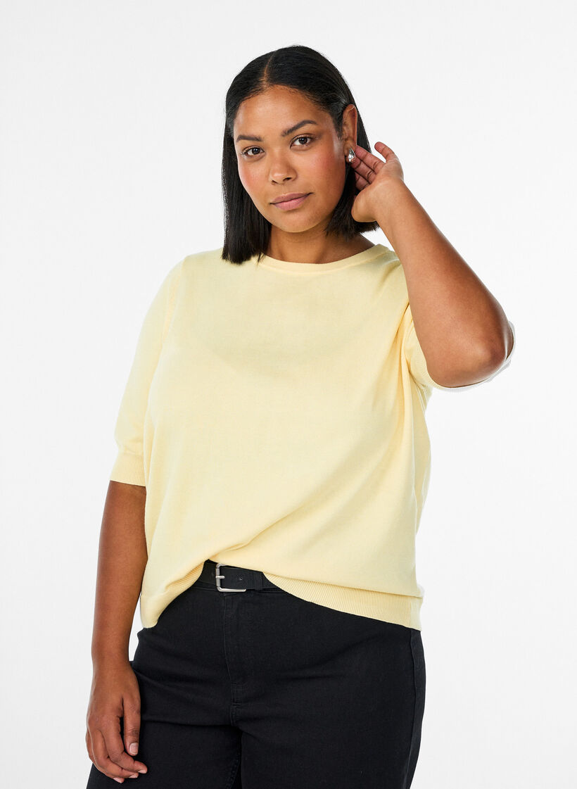 FLASH - Blouse en fine maille &agrave; manches courtes, Jaune clair, Model image number 0