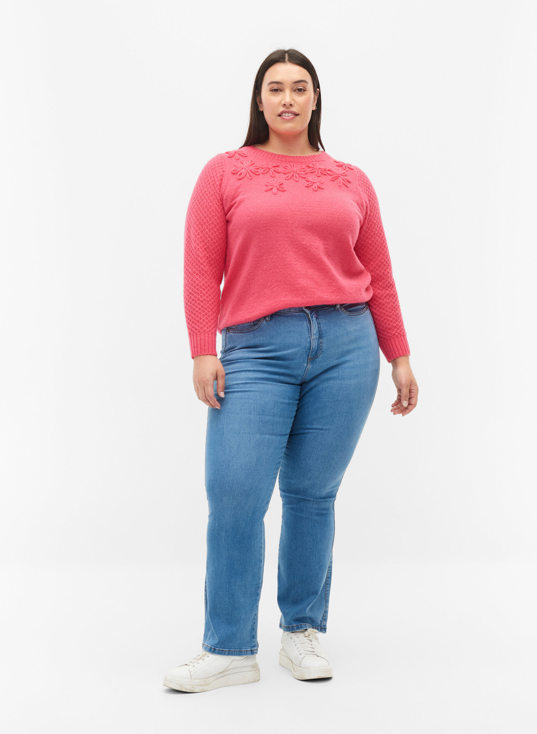 Zizzi Pull en maille avec d&eacute;tail floral, Hot Pink, Model image number 3