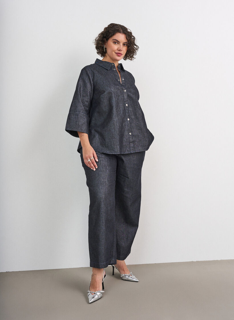 Chemise en jean avec fil paillet&eacute; et manches 3/4, Gris anthracite, Model image number 1