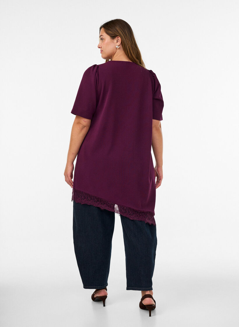 Tunique avec bordure en dentelle asym&eacute;trique, Violet, Model image number 2