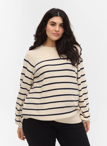 Pull en tricot rayé à manches bouffantes, Birch W/Navy stripes, Model image number 0