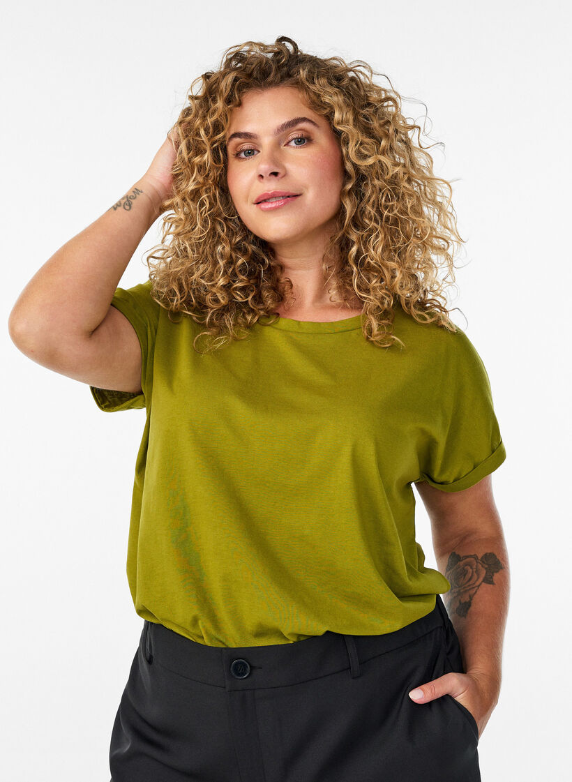 T-shirt &agrave; manches courtes en coton m&eacute;lang&eacute;, Vert, Model image number 0