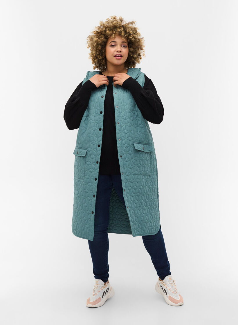 Gilet long matelassé avec col et volants, Sagebrush Green, Model image number 2