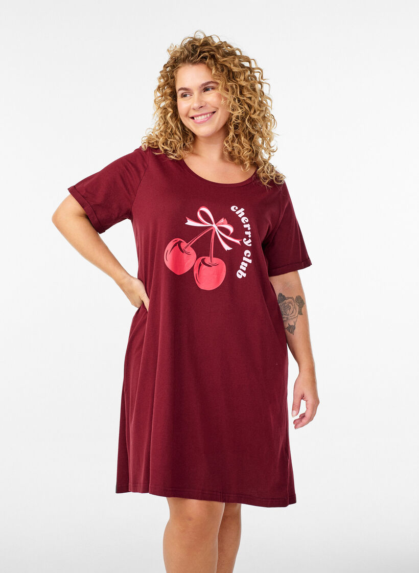 Chemise de nuit &agrave; manches courtes en coton biologique, Bordeaux, Model image number 0