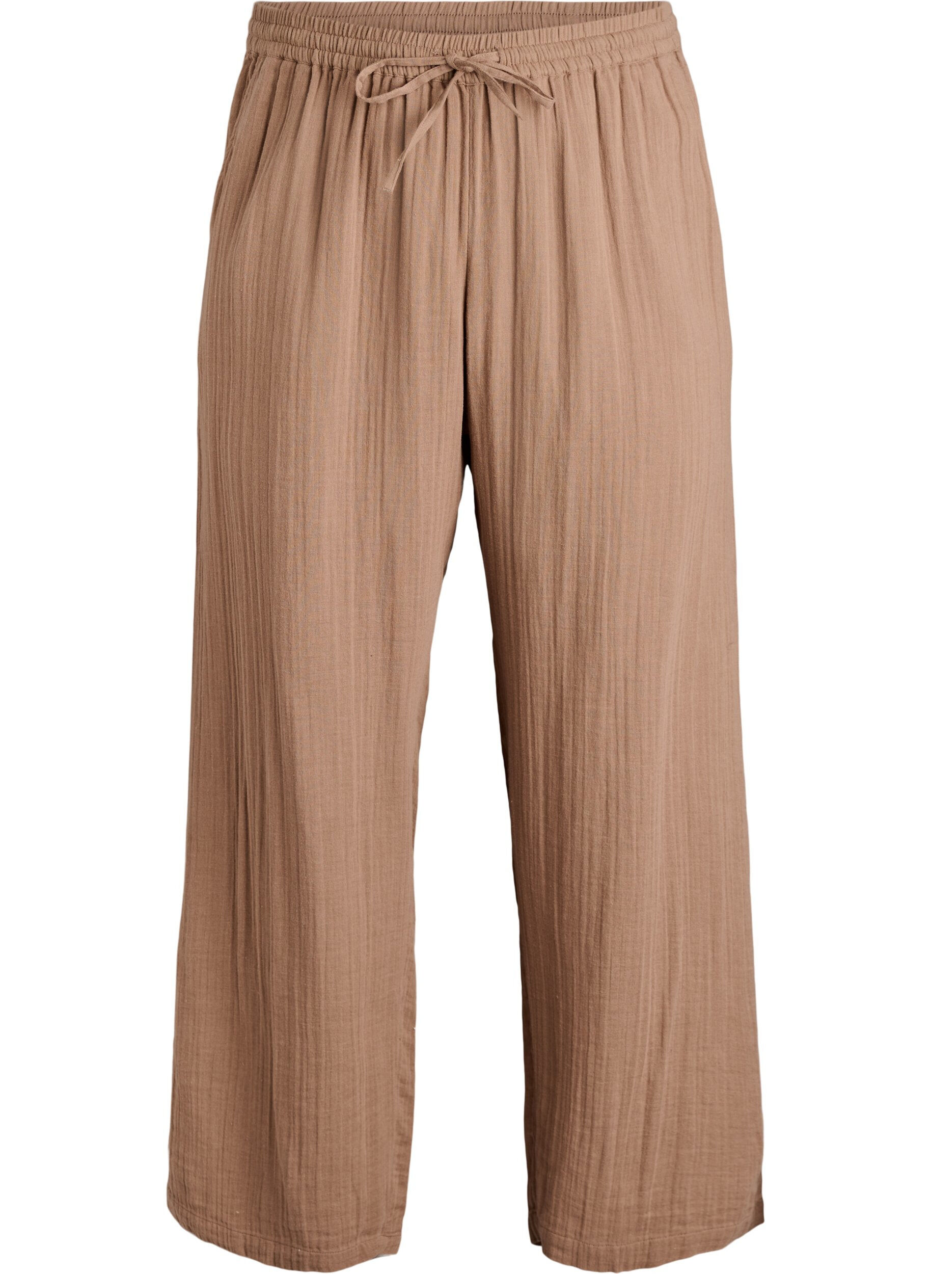 Pantalon taille haute en mousseline de coton &agrave; coupe ample