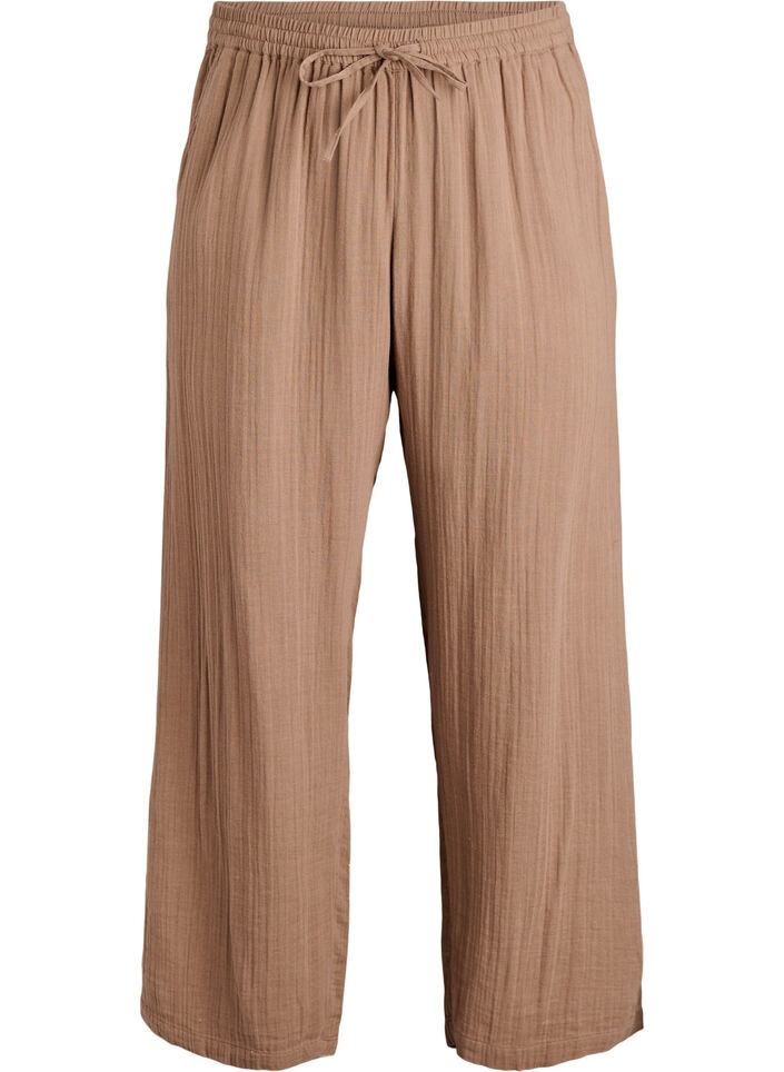 Pantalon taille haute en mousseline de coton &agrave; coupe ample, Marron, Packshot image number 0