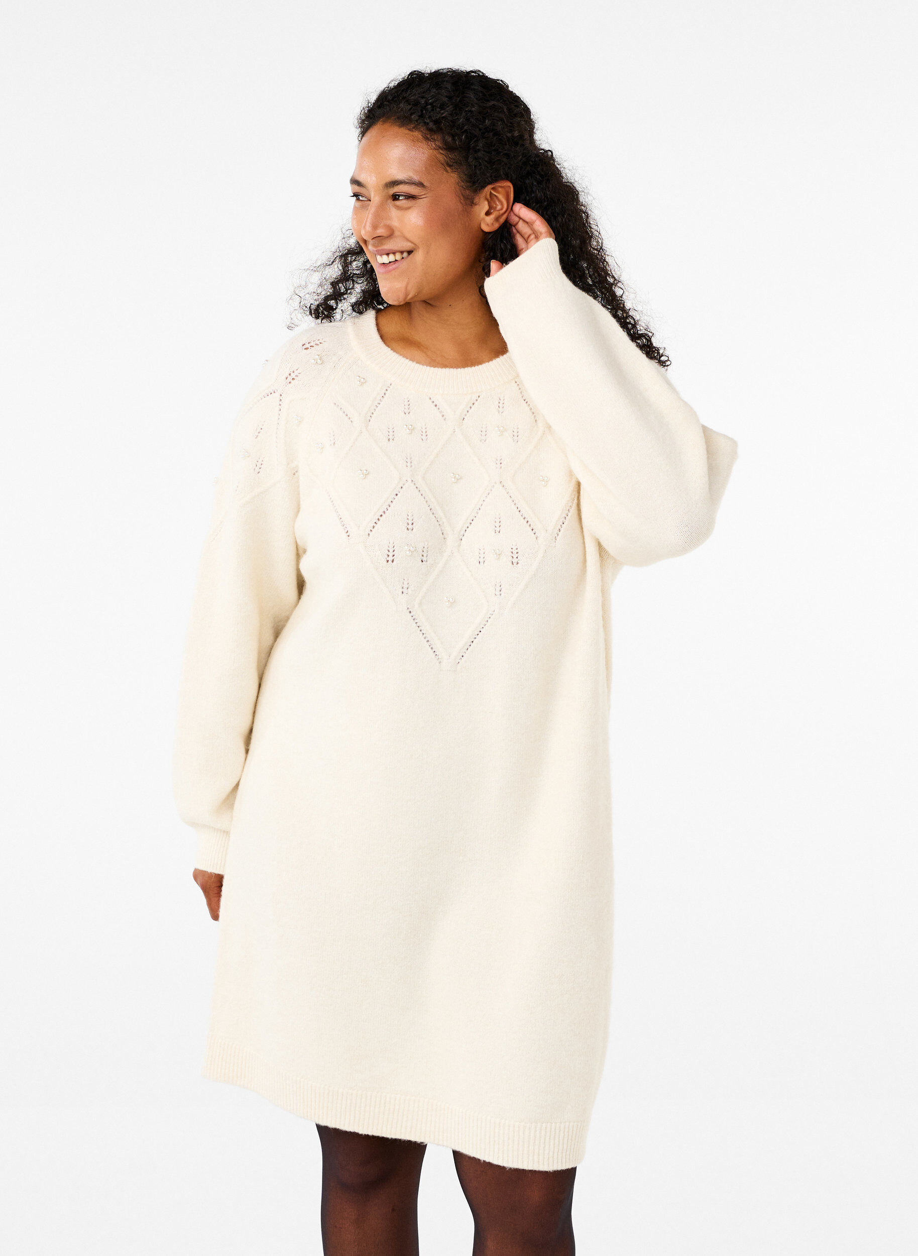 Zizzi Robe en maille avec motif et perles, Birch Mel., Model image number 0