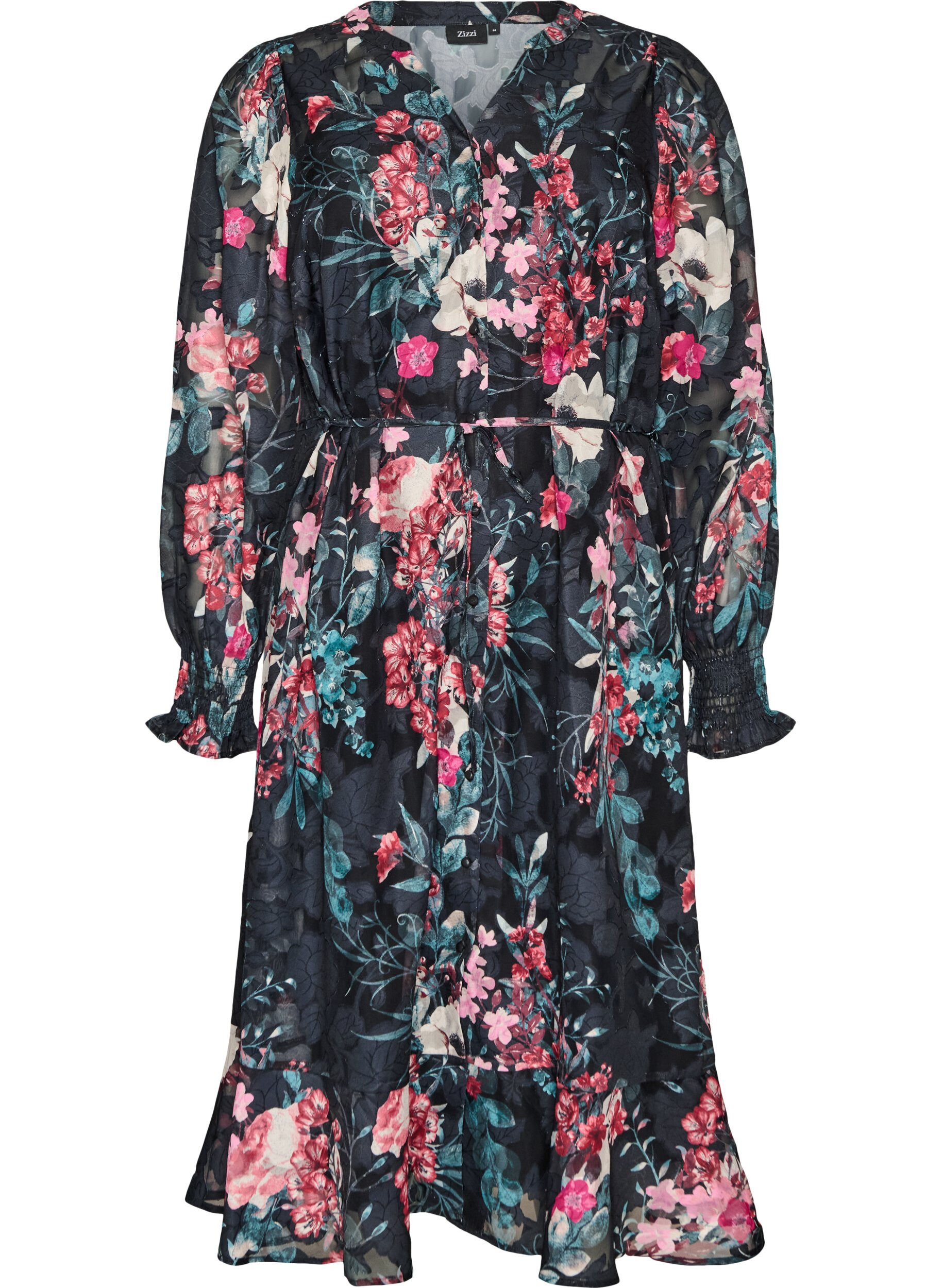 ZizziRobe midi fleurie &agrave; la texture tiss&eacute;e avec ceinture &agrave; nouer, Noir, Packshot image number 0