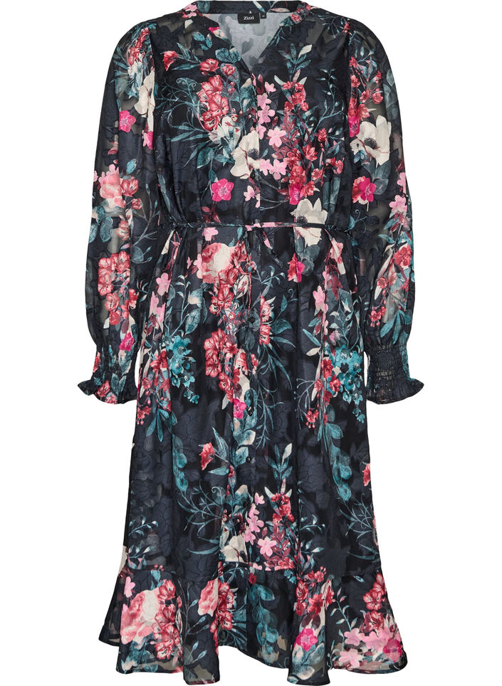 Robe midi fleurie &agrave; la texture tiss&eacute;e avec ceinture &agrave; nouer, Noir, Packshot image number 0