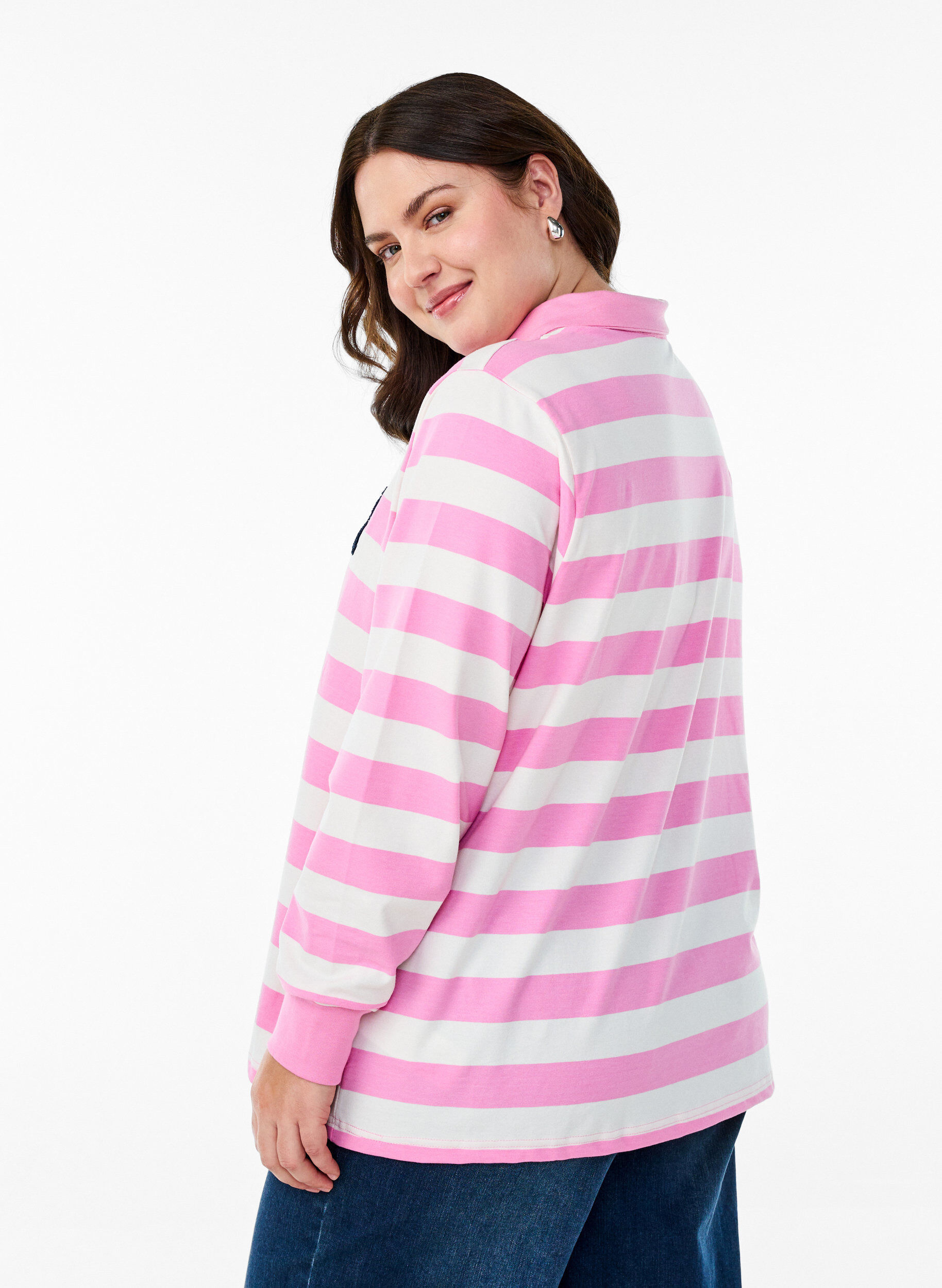 Zizzi Polo &agrave; rayures avec d&eacute;tails en tissu &eacute;ponge, Bubblegum w. White, Model image number 1