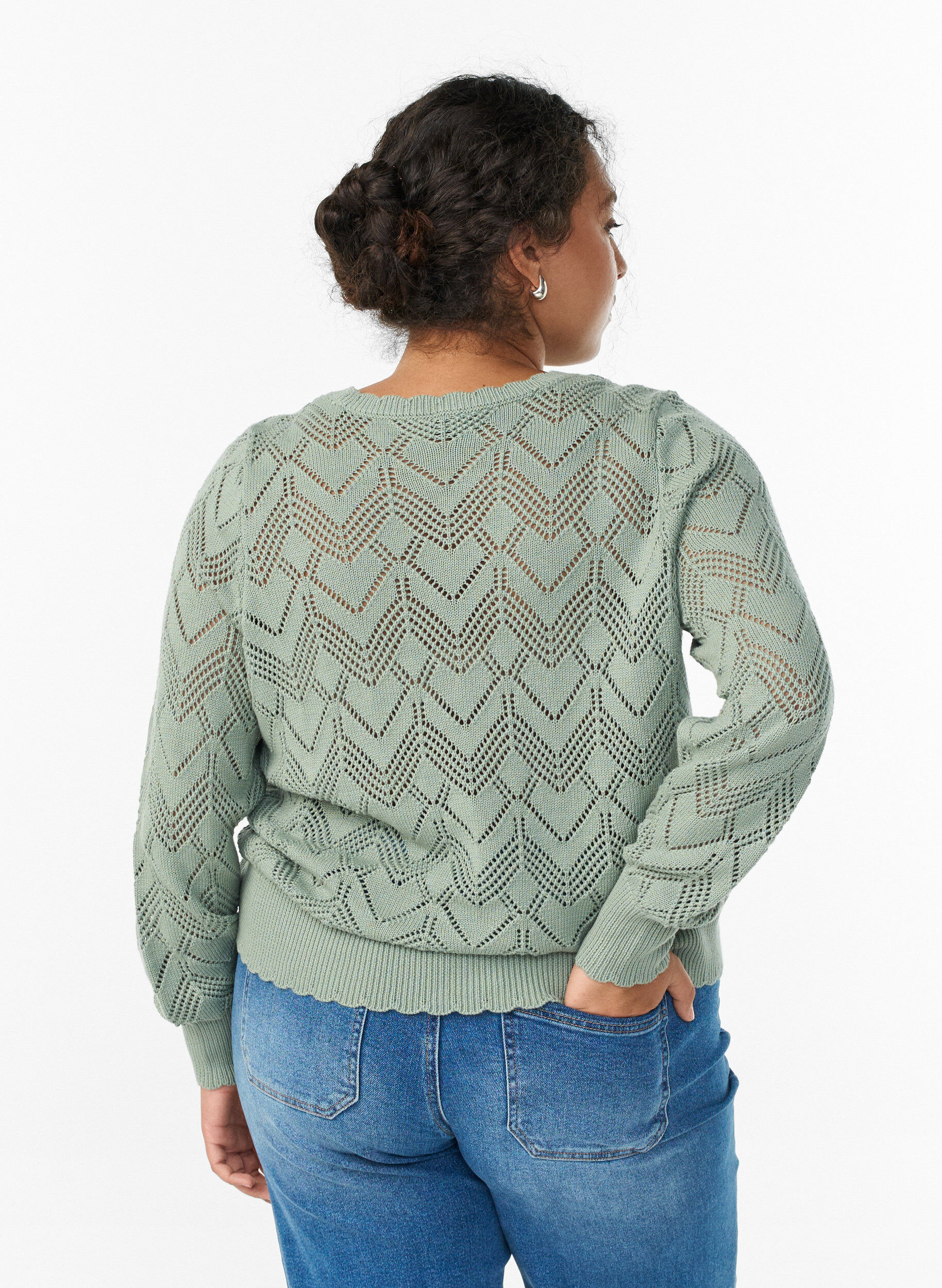 Zizzi Blouse en maille &agrave; motifs avec bord ondul&eacute; et encolure ronde, Vert clair, Model image number 2