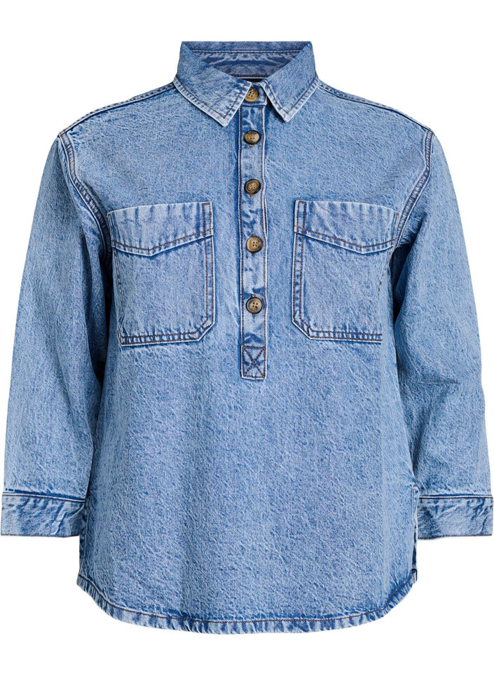 Chemise en jean avec demi-patte de boutonnage et poches poitrine, Bleu Clair, Packshot