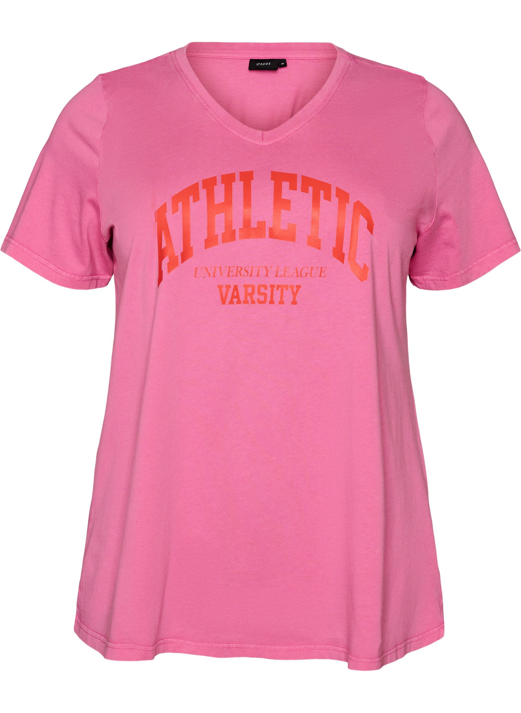 ZizziT-shirt en coton bio avec un imprim&eacute; varsity et col V, Rose, Packshot image number 0