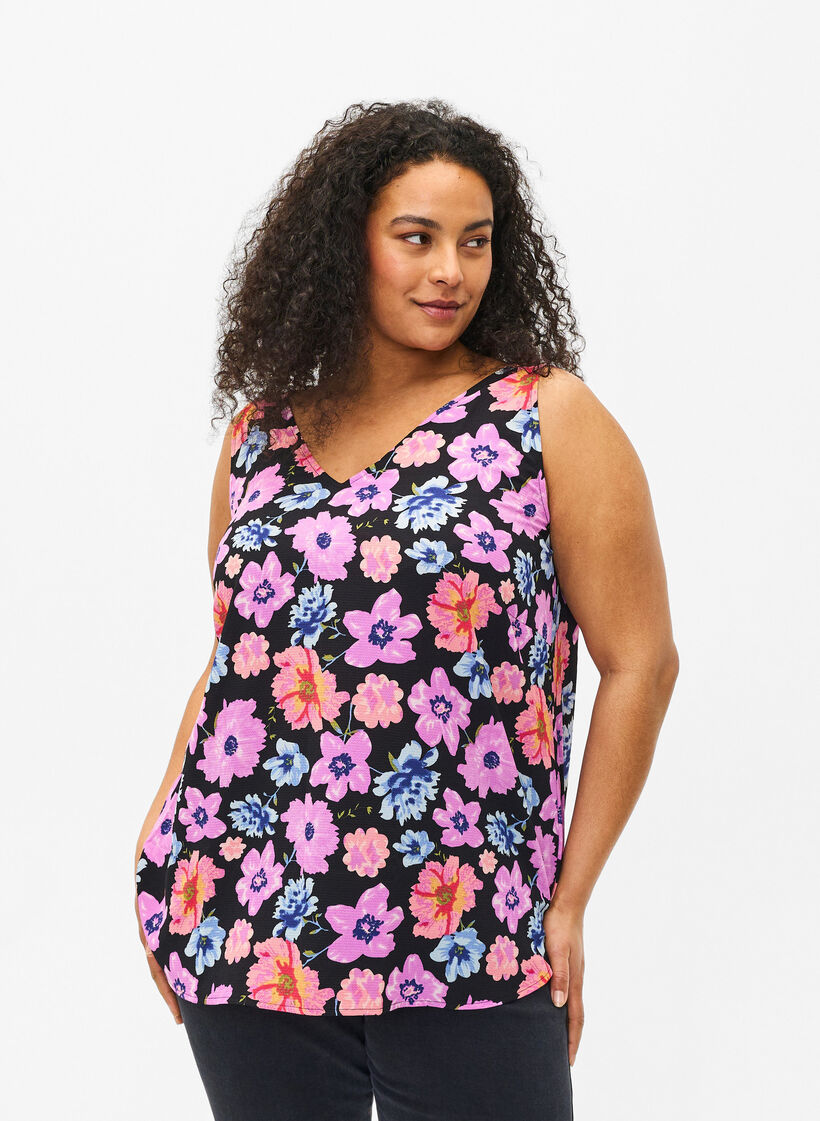 Top floral avec col en V, Black Big Flower AOP, Model image number 0