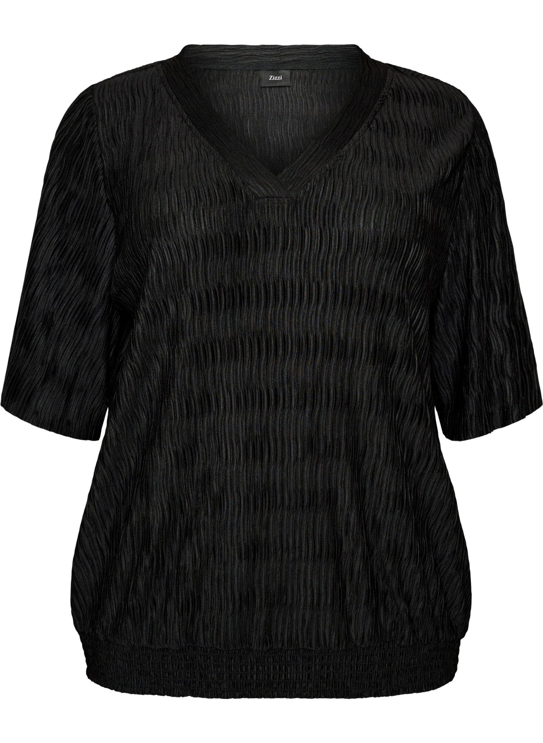 ZizziBlouse avec texture ondul&eacute;e et coupe ballon, Noir, Packshot image number 0