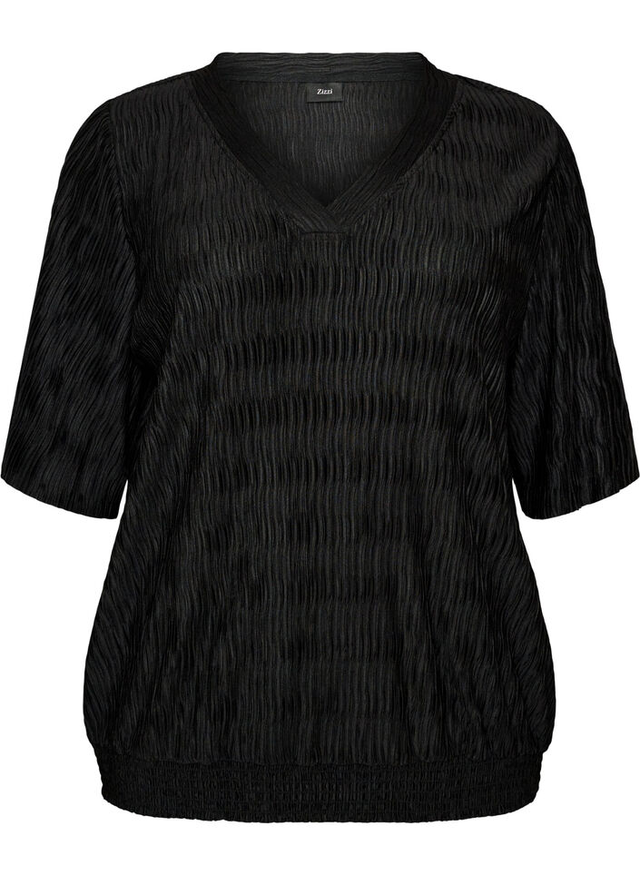 Blouse avec texture ondul&eacute;e et coupe ballon, Noir, Packshot image number 0