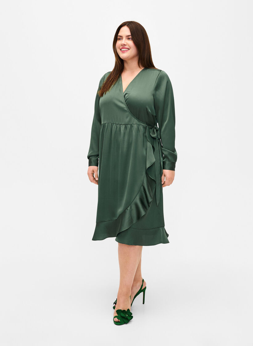 Robe portefeuille en satin à manches longues, Duck Green, Model image number 0