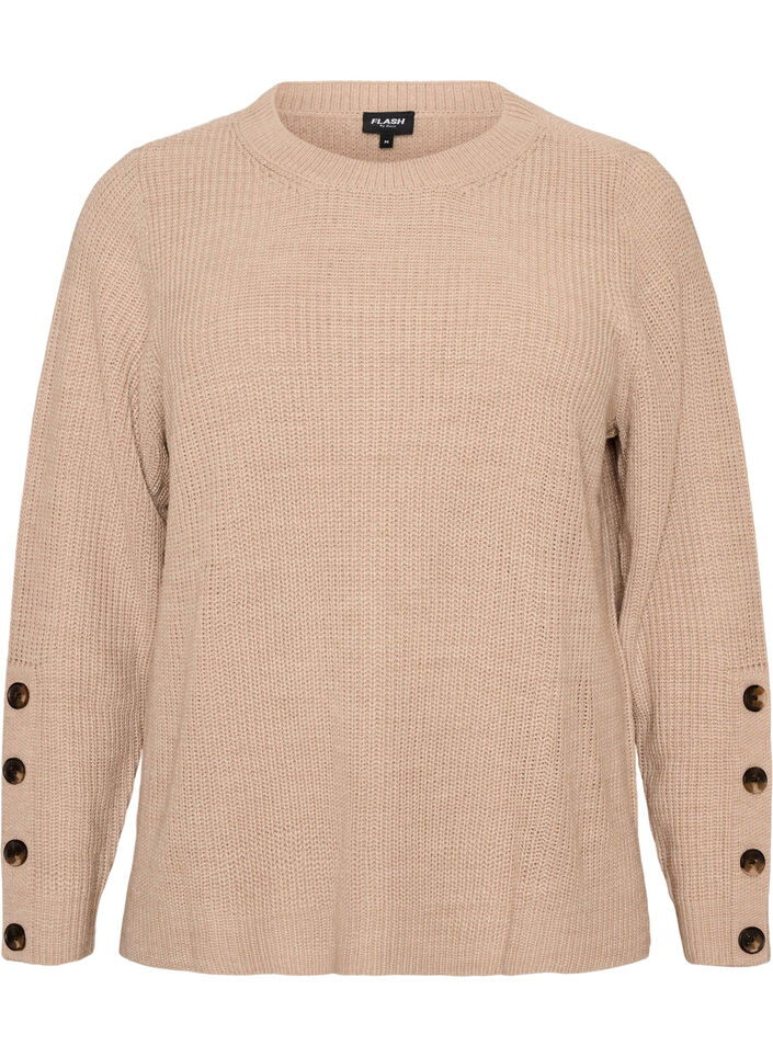 Blouse en maille c&ocirc;tel&eacute;e avec d&eacute;tails de boutons, Beige, Packshot image number 0