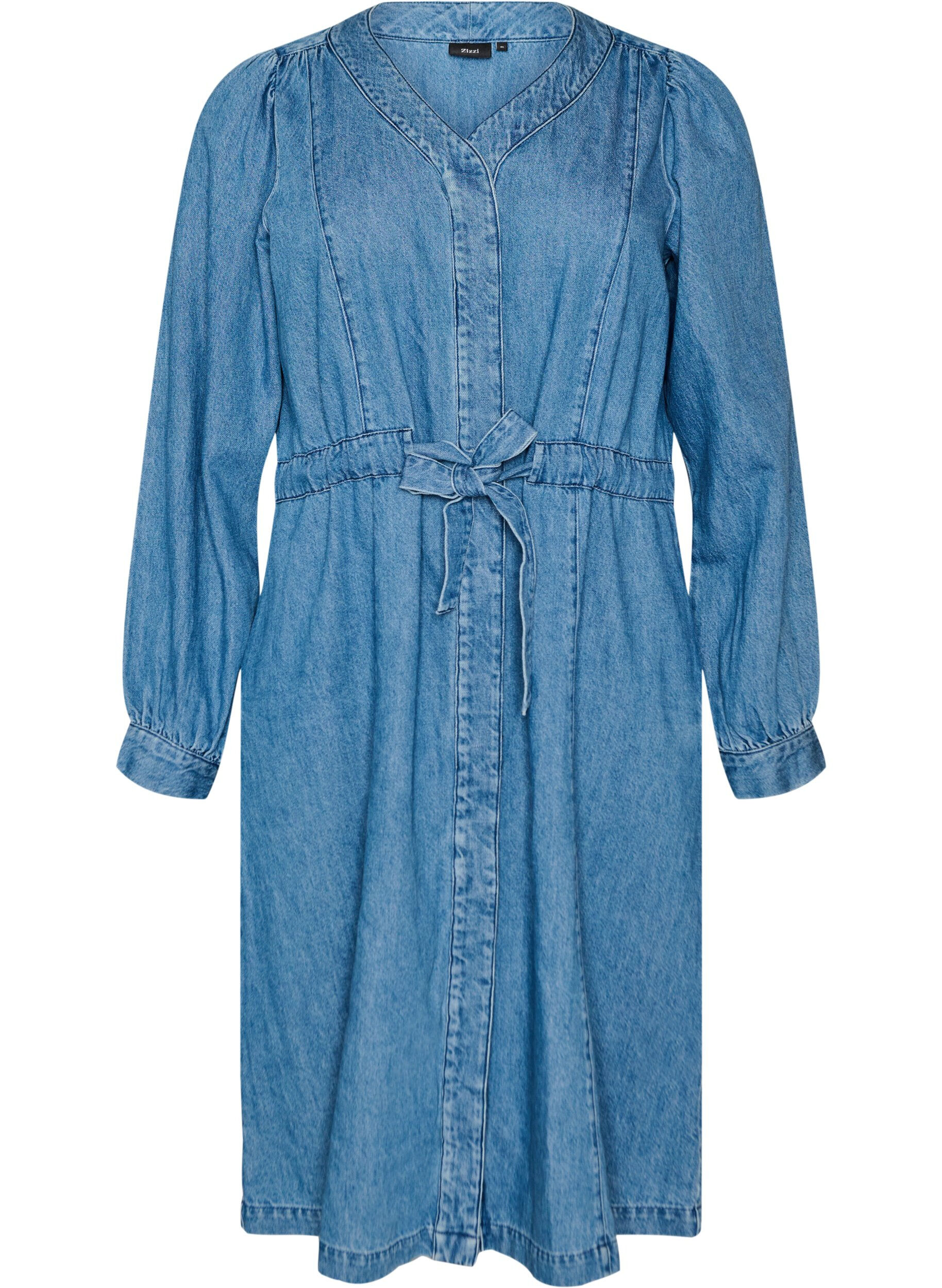 ZizziRobe en jean avec col en V et ceinture &agrave; nouer, Bleu Clair, Packshot image number 0