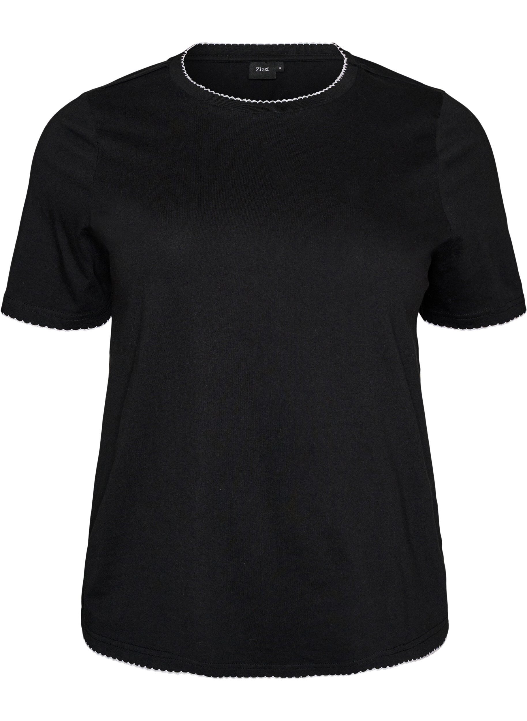 ZizziT-shirt en coton avec bords ondul&eacute;s contrastants, Noir, Packshot image number 0