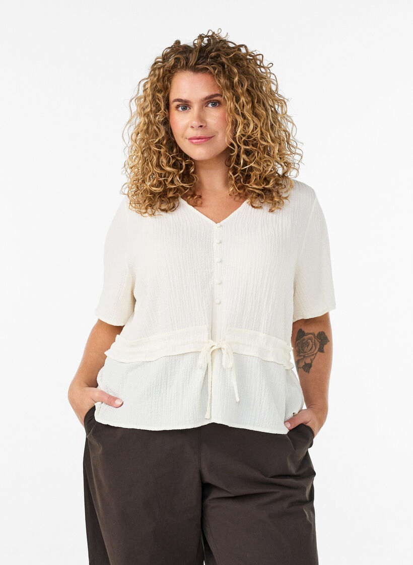 Blouse avec texture et lien &agrave; la taille, Vanille, Model image number 0
