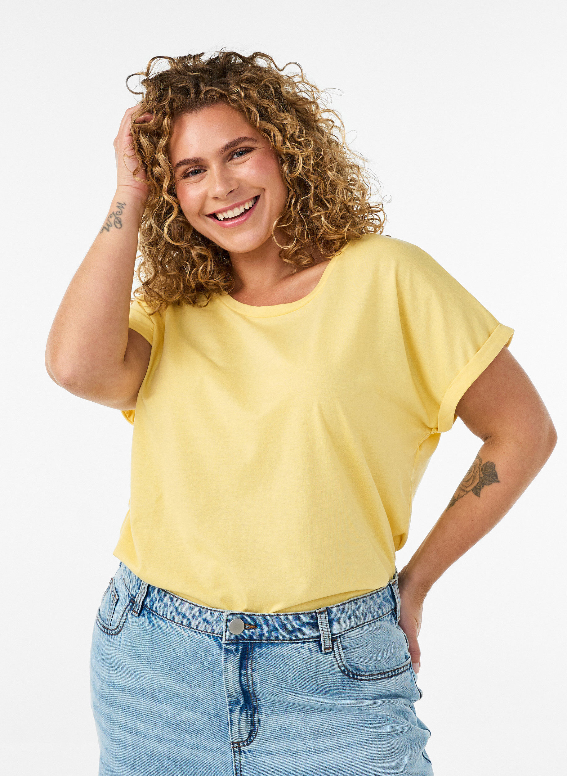 T-shirt &agrave; manches courtes en coton m&eacute;lang&eacute;, Jaune clair, Model