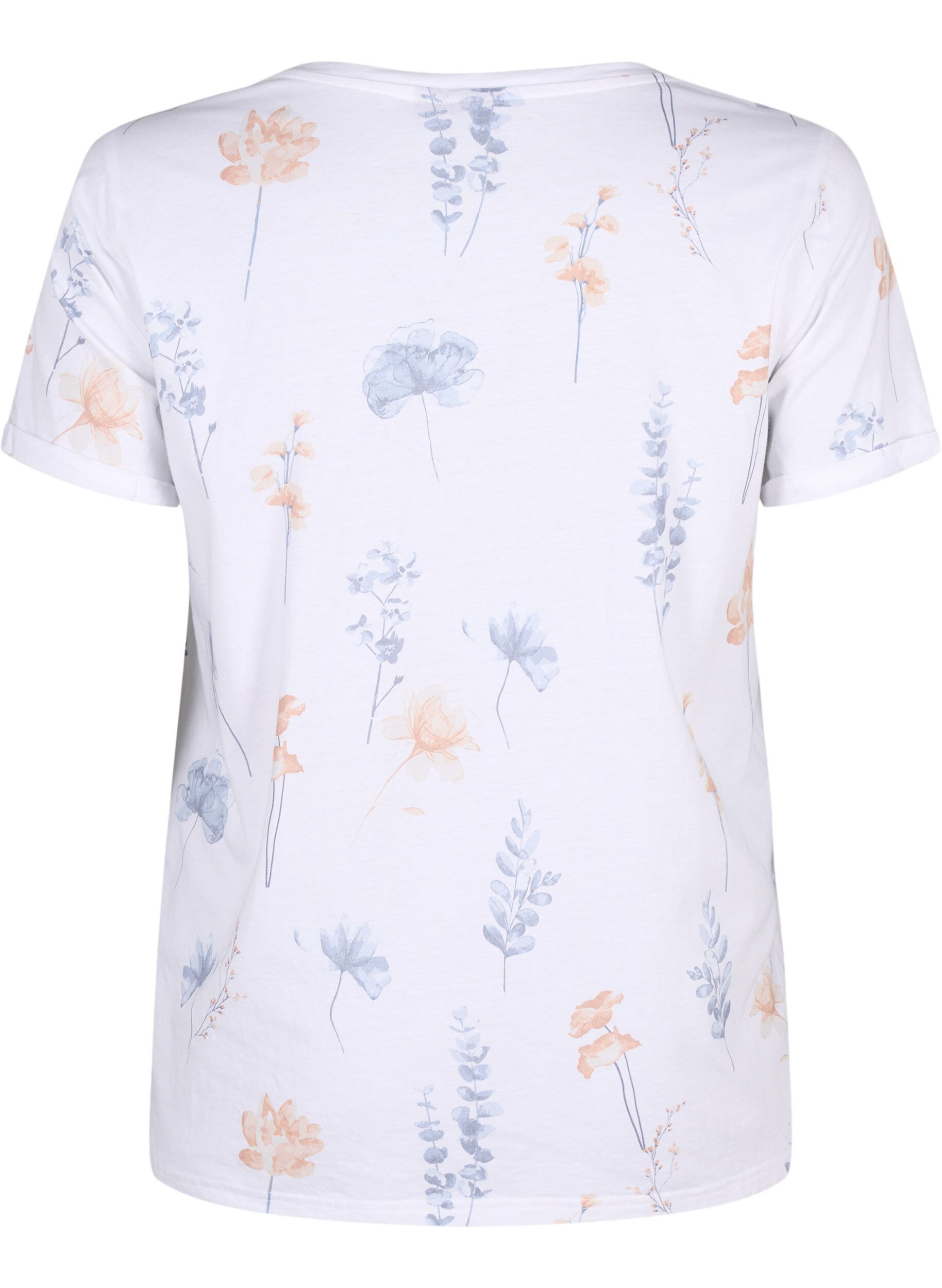 Zizzi T-shirt en coton biologique avec imprim&eacute; floral, White W. Blue flower, Packshot image number 1
