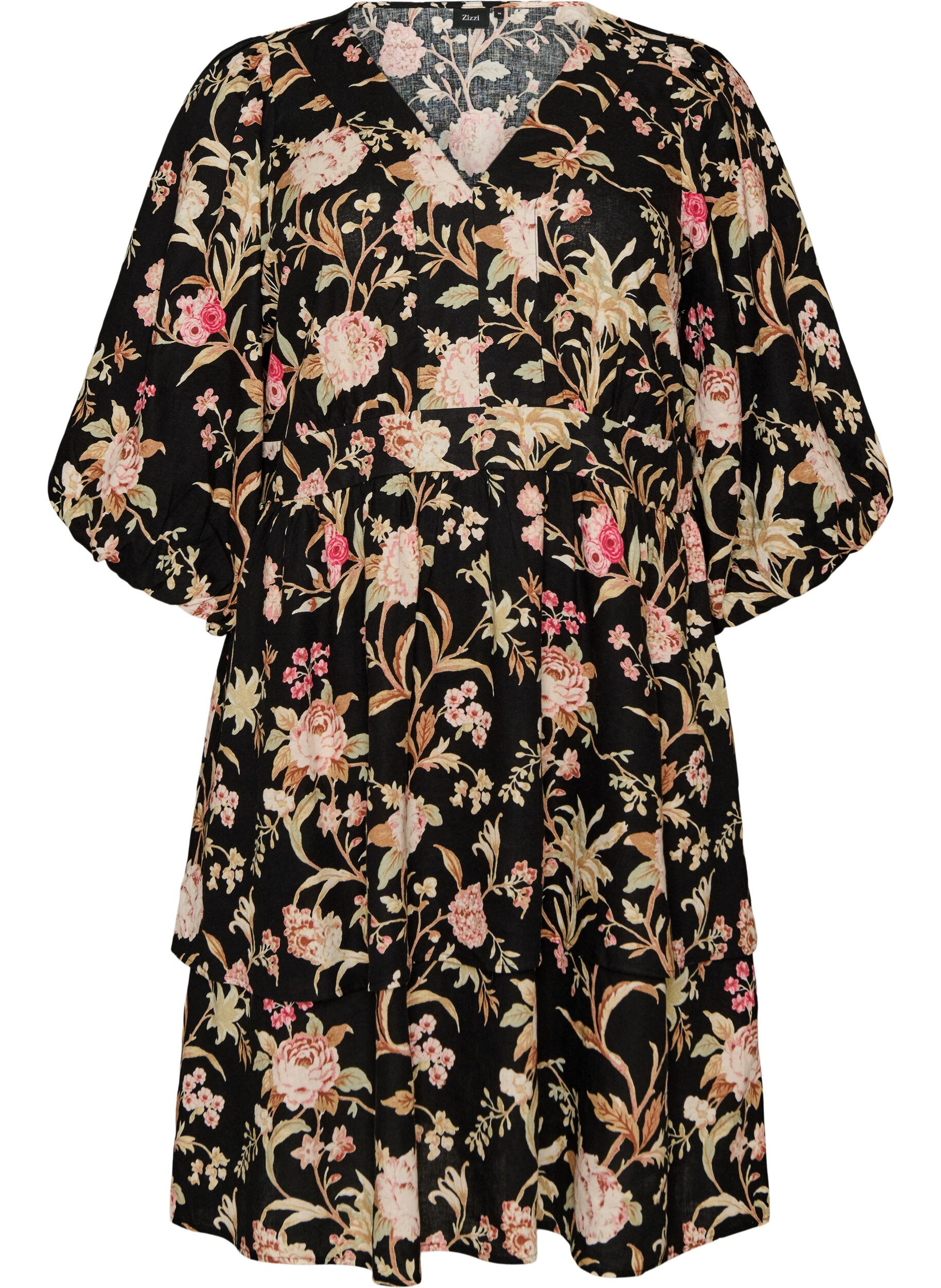 ZizziRobe fleurie en lin et viscose avec une taille empire, Noir, Packshot image number 0
